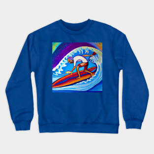 Surfer catching a wave and a fish Crewneck Sweatshirt